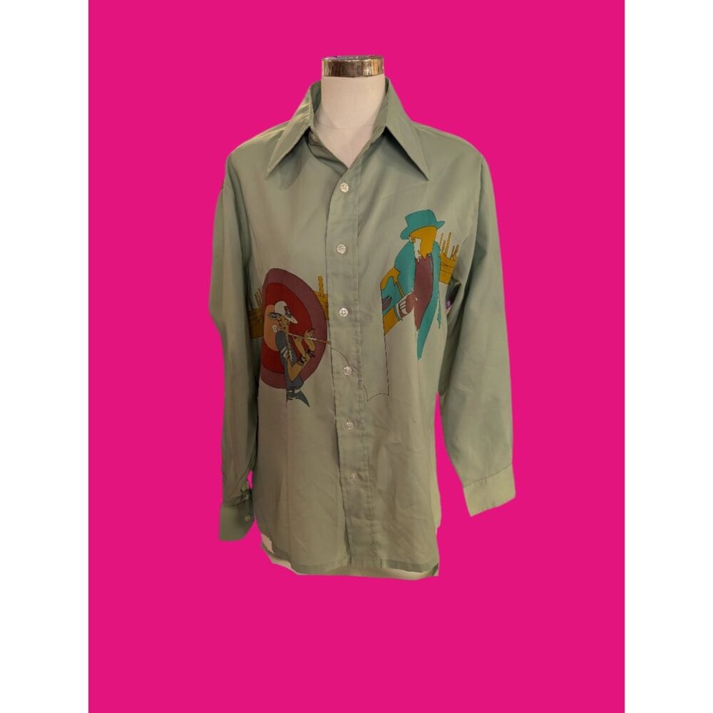 VTG Sage Green L/S Shirt with Art Deco/20s Themed Scene on Front + Back, Made in